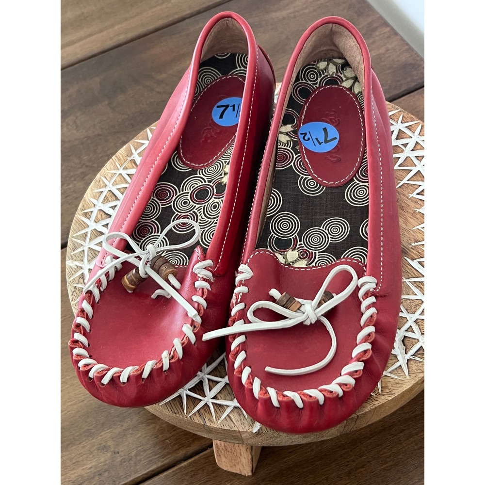 Olukai Mele Moc Red Leather Moccasin Flat Loafers Whipstitch Women 7.5